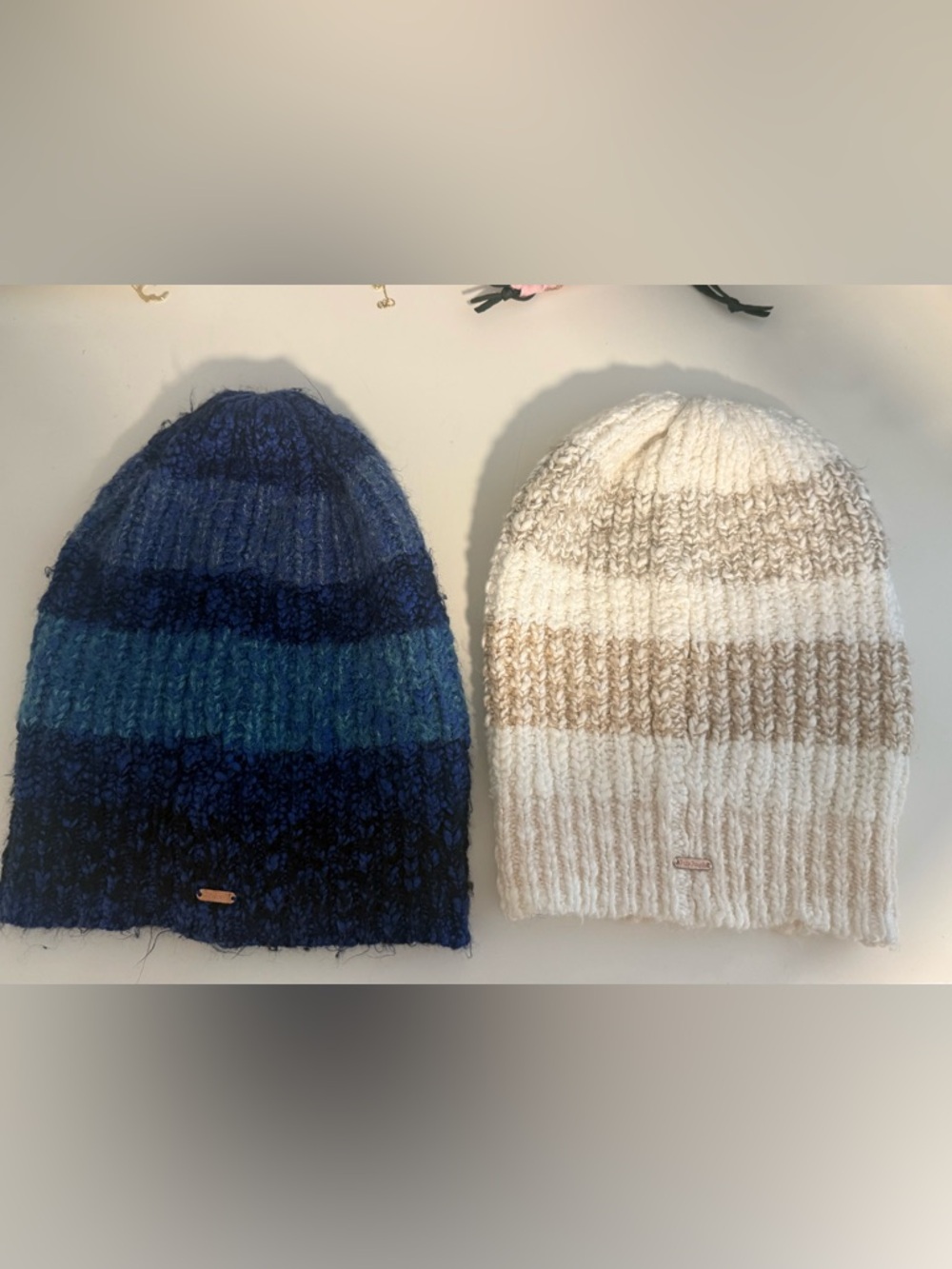 Free People Striped Knit Beanie Duo - Cream & Blue